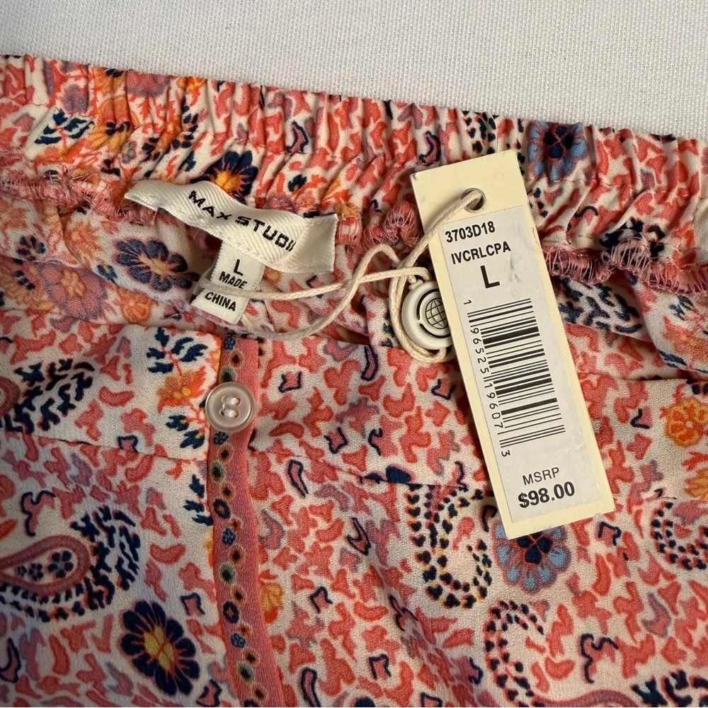Max Studio Floral Pink Blue Paisley Button Front Detail Tiered Boho Maxi Skirt L